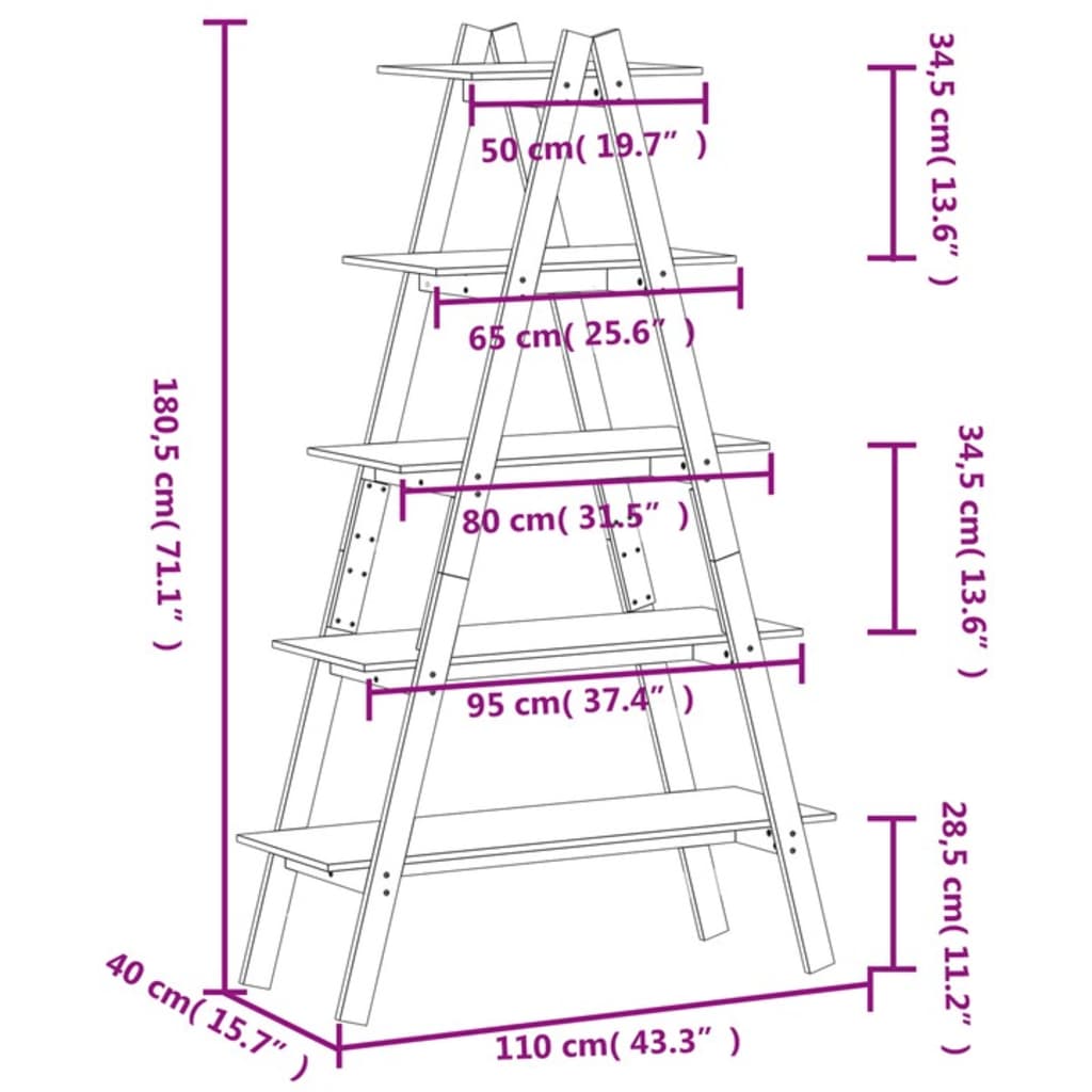 5 szintes A-alakú tömör fenyőfa polc 110 x 40 x 180,5 cm