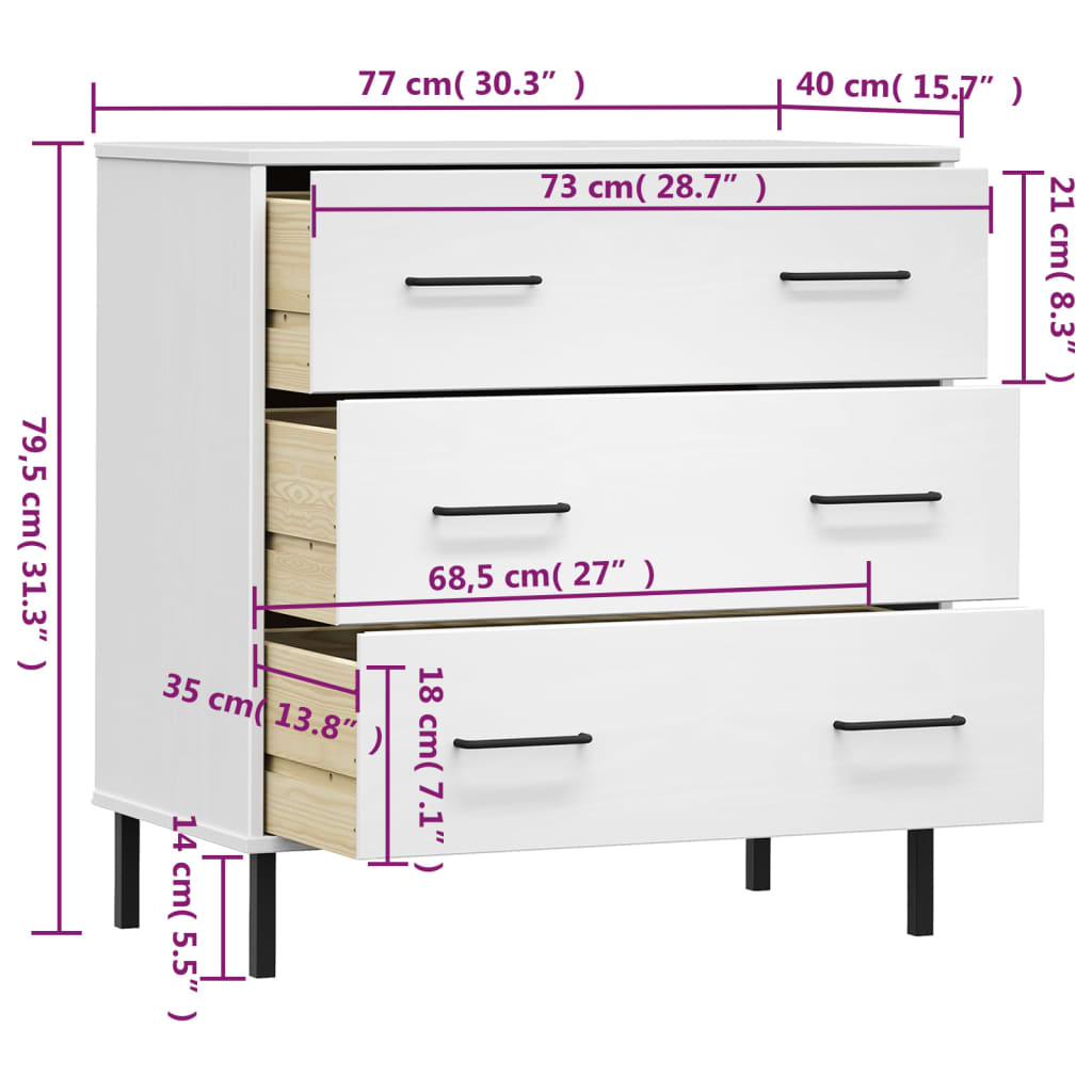 OSLO fehér tömör fa tálalószekrény 3 fiókkal 77 x 40 x 79,5 cm