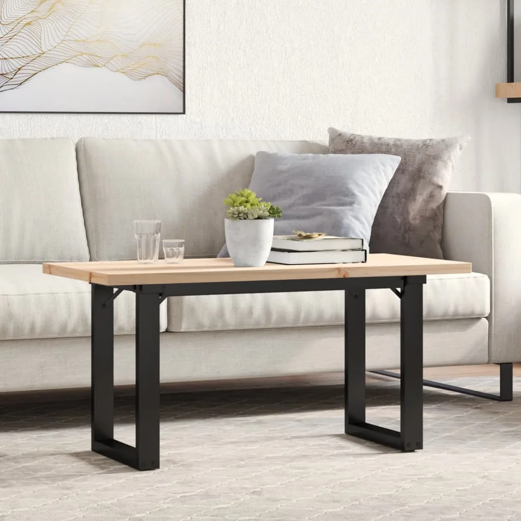 Tömör fenyőfa és acél O-vázú dohányzóasztal 90x40x45,5 cm
