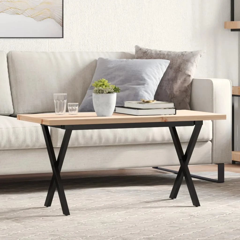 Tömör fenyőfa és acél X-vázú dohányzóasztal 90x40x45,5 cm