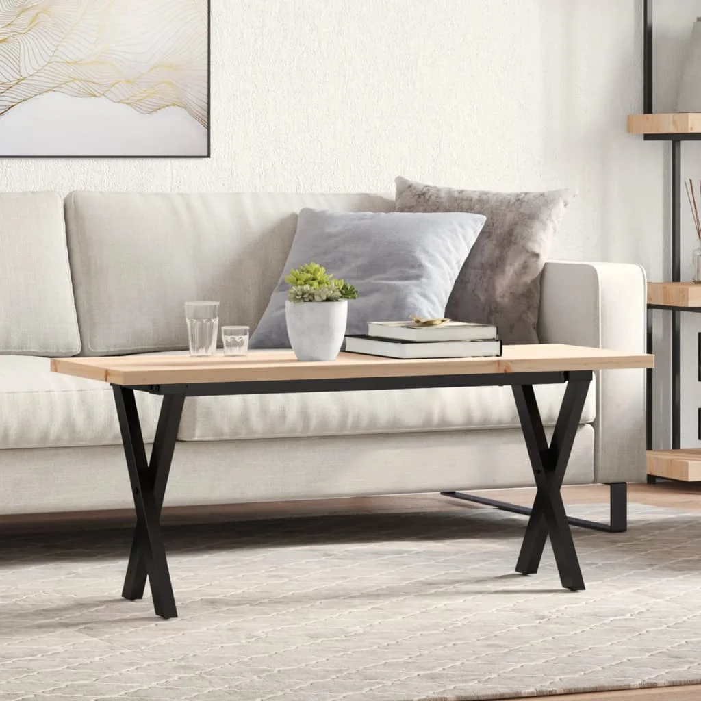 Tömör fenyőfa és acél X-vázú dohányzóasztal 110x40x45,5 cm