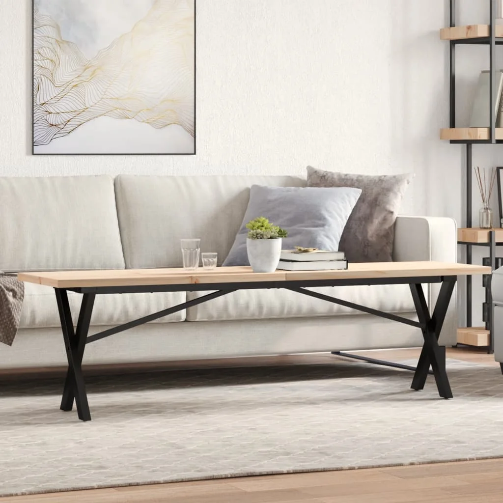 Tömör fenyőfa és acél X-vázú dohányzóasztal 160x40x45,5 cm