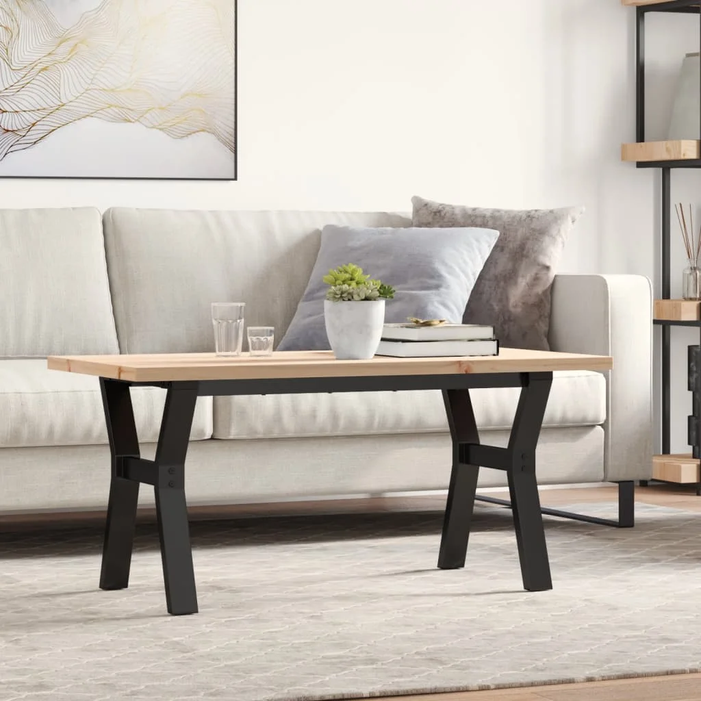 Tömör fenyőfa és acél Y-vázú dohányzóasztal 100x50x45,5 cm