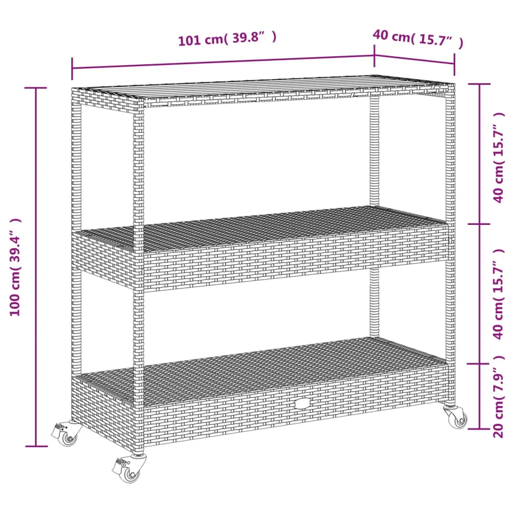 3 szintes fekete polyrattan és tömör akácfa zsúrkocsi