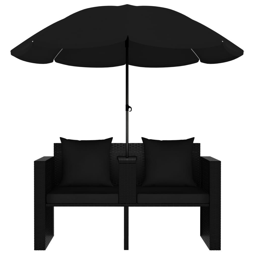 Fekete polyrattan kerti ágy napernyővel