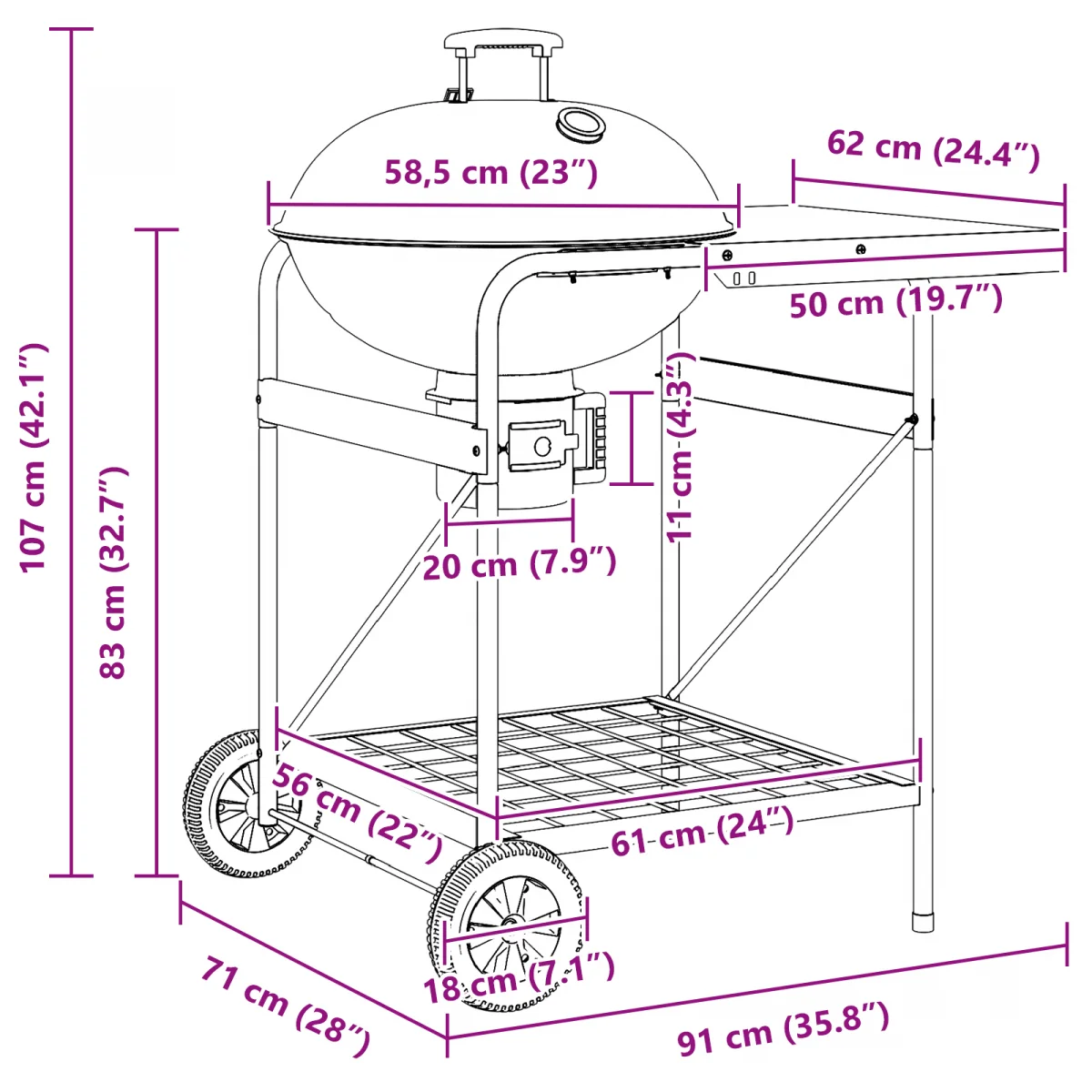 Fekete Faszenes Grill Fiókkal és Tetővel 96x72x113 cm