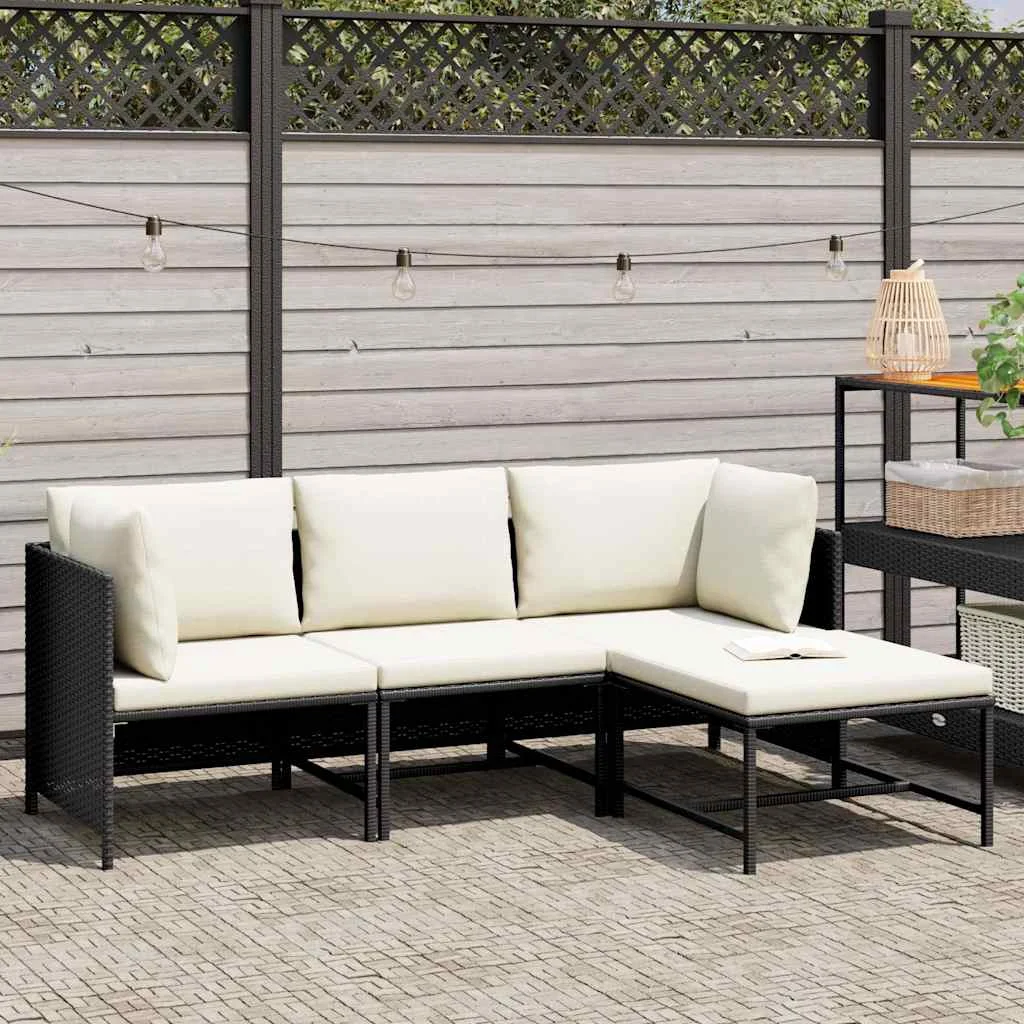 4 részes fekete polyrattan kerti kanapészett párnákkal