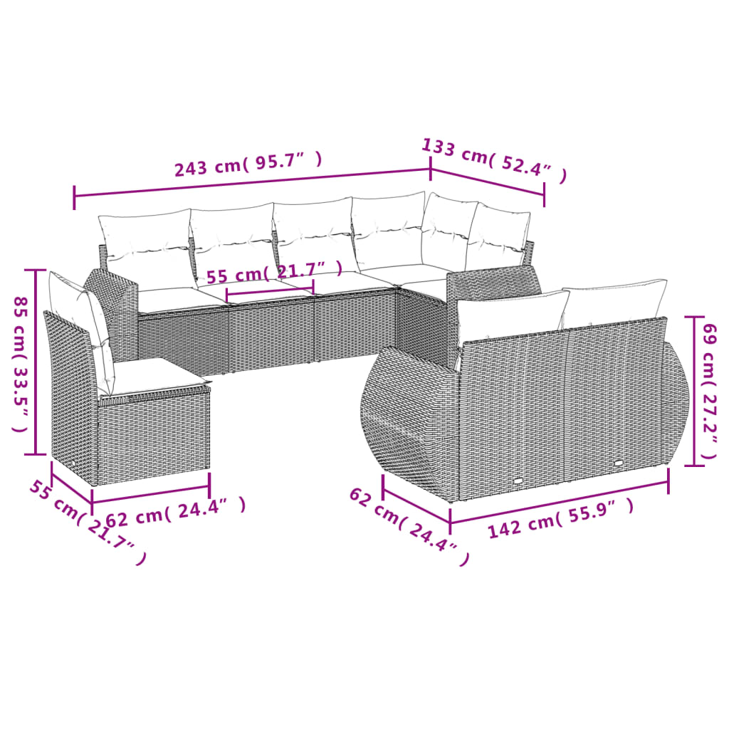 8 részes szürke polyrattan kerti ülőgarnitúra párnákkal