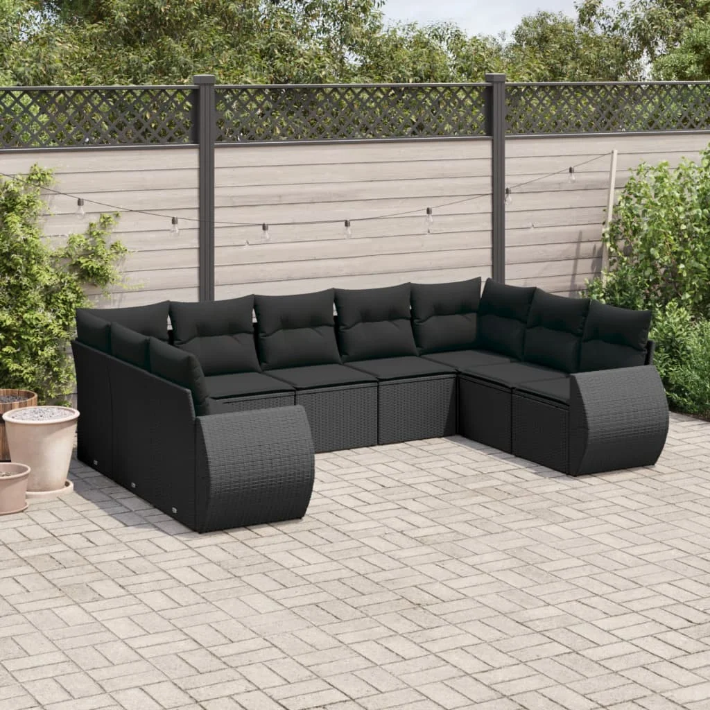 9 részes fekete polyrattan kerti ülőgarnitúra párnákkal