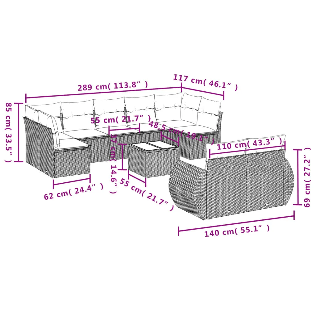 10 részes szürke polyrattan kerti ülőgarnitúra párnákkal