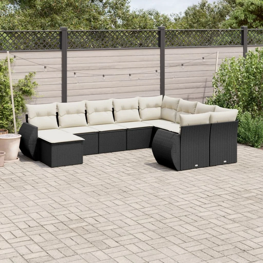 10 részes fekete polyrattan kerti ülőgarnitúra párnákkal