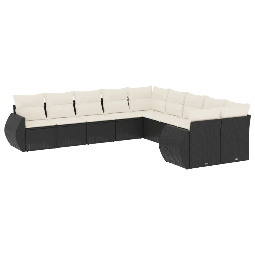 10 részes fekete polyrattan kerti ülőgarnitúra párnákkal