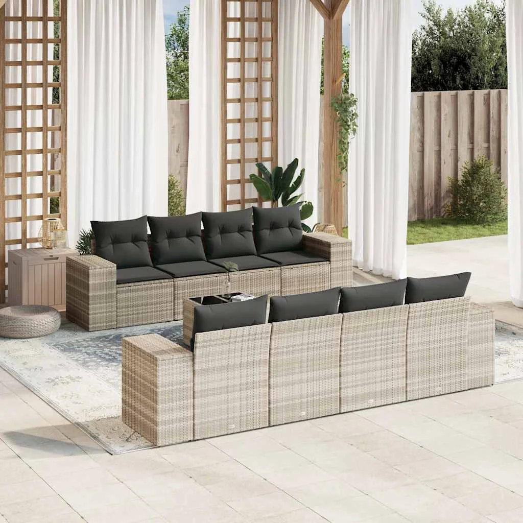 9 részes világosszürke polyrattan kerti ülőgarnitúra párnával