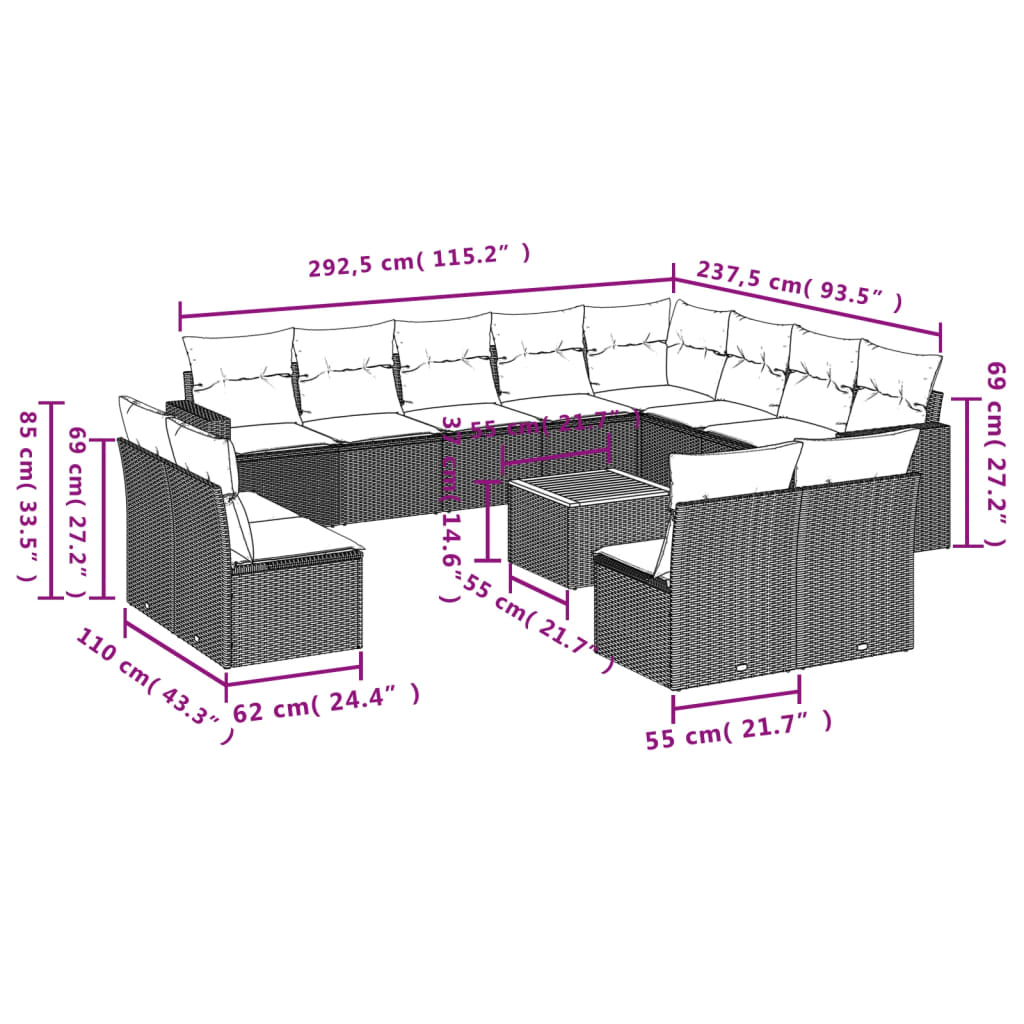 13 részes szürke polyrattan kerti ülőgarnitúra párnákkal