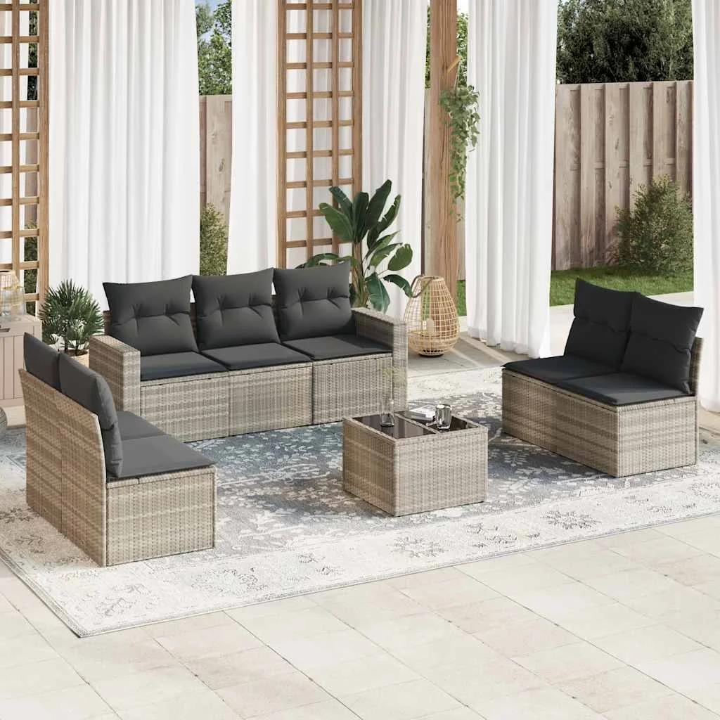 8 részes világosszürke polyrattan kerti ülőgarnitúra párnával