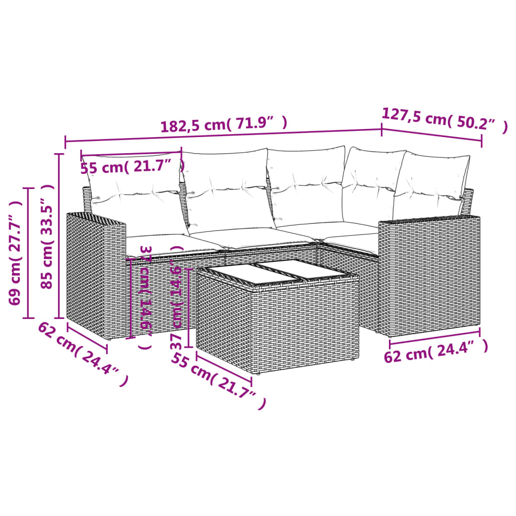 5 részes szürke polyrattan kerti ülőgarnitúra párnákkal