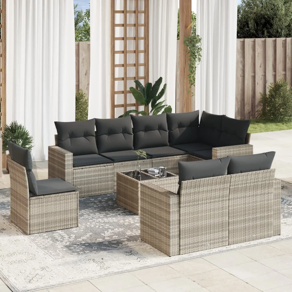 9 részes világosszürke polyrattan kerti ülőgarnitúra párnával
