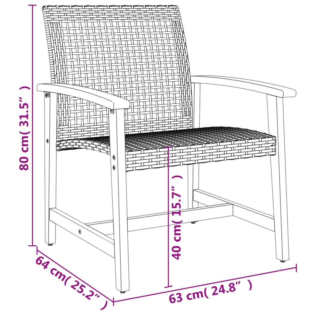 3 részes fekete polyrattan és akácfa bisztrószett