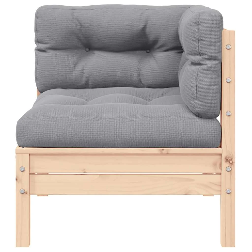 3 részes tömör fenyőfa kerti ülőgarnitúra szürke párnákkal