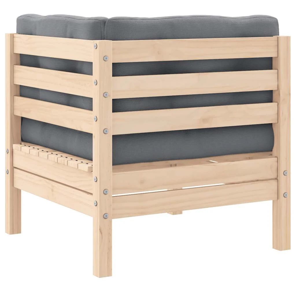 3 részes tömör fenyőfa kerti ülőgarnitúra szürke párnákkal