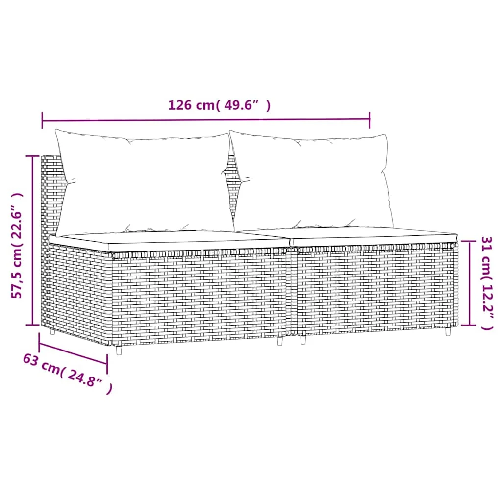 2 db szürke polyrattan kerti középső kanapé párnákkal