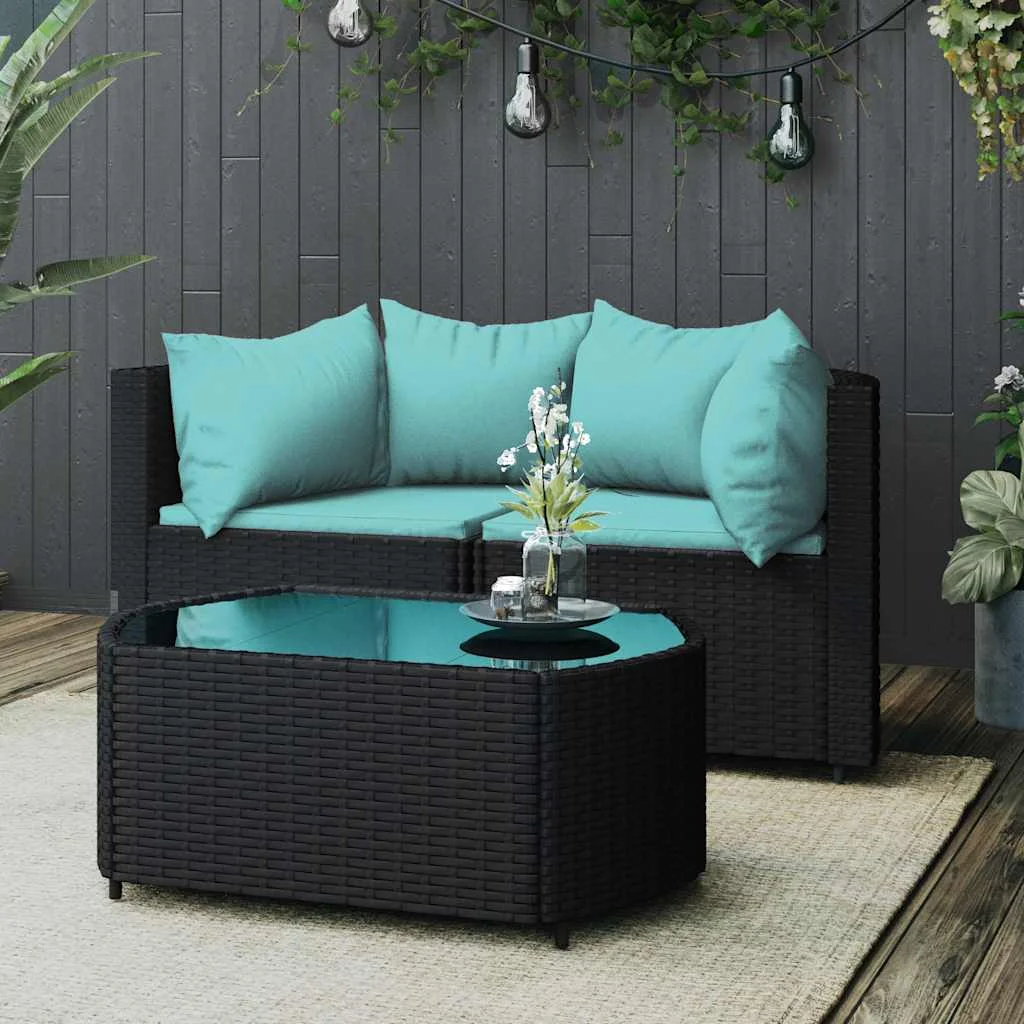 3 részes fekete polyrattan kerti ülőgarnitúra párnákkal