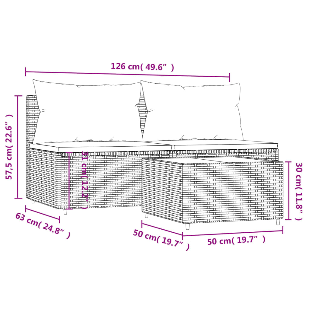 3 részes barna polyrattan kerti ülőgarnitúra párnával