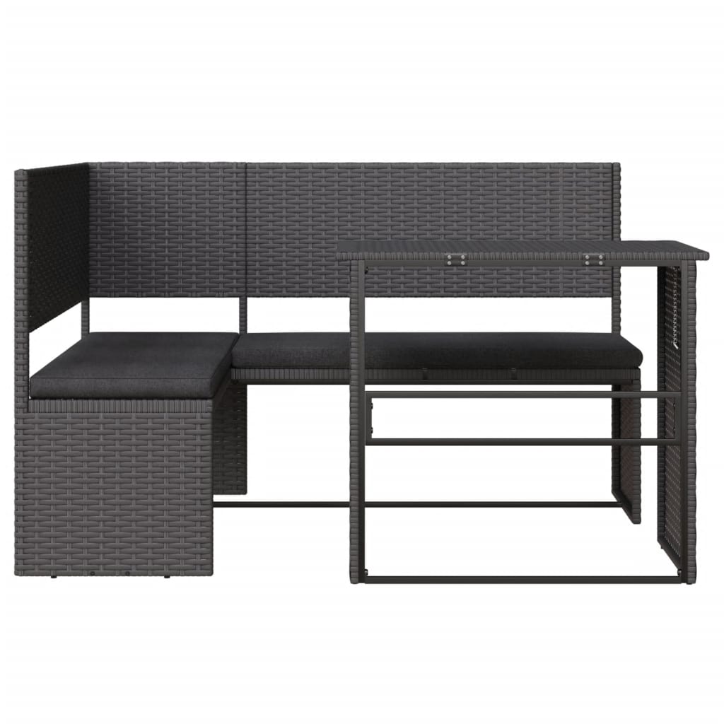 L-alakú fekete polyrattan kerti kanapé asztallal és párnával