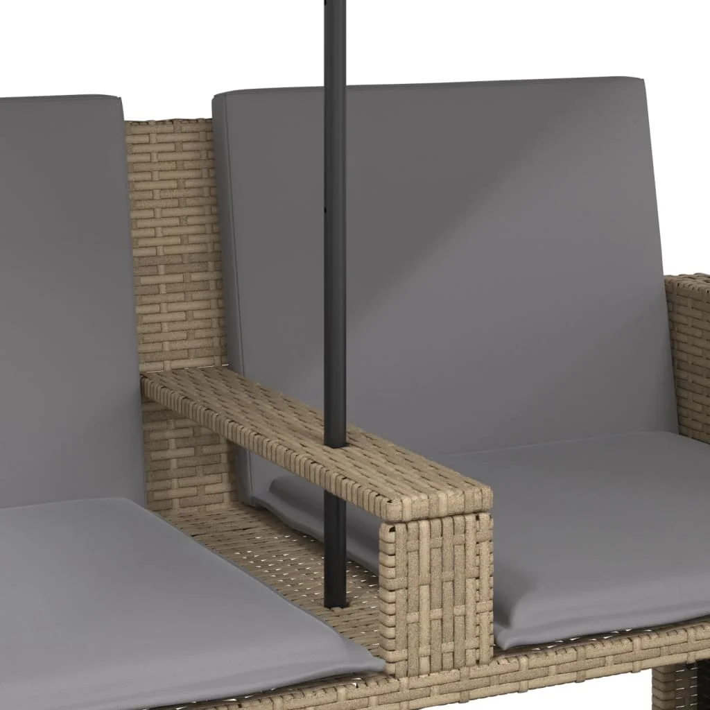 2 személyes bézs polyrattan kerti kanapé napernyővel/székkel