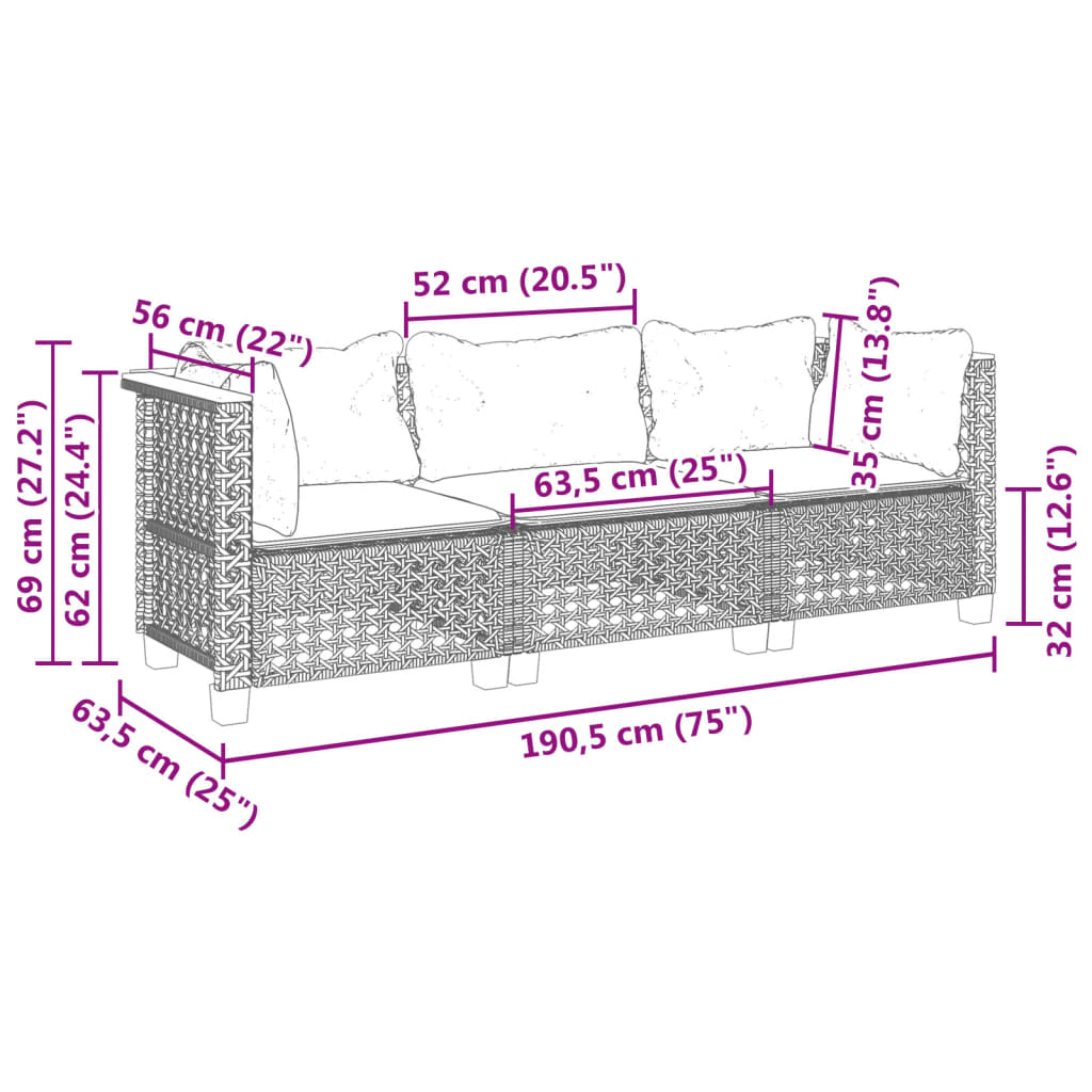 3 személyes szürke polyrattan kerti kanapé párnával