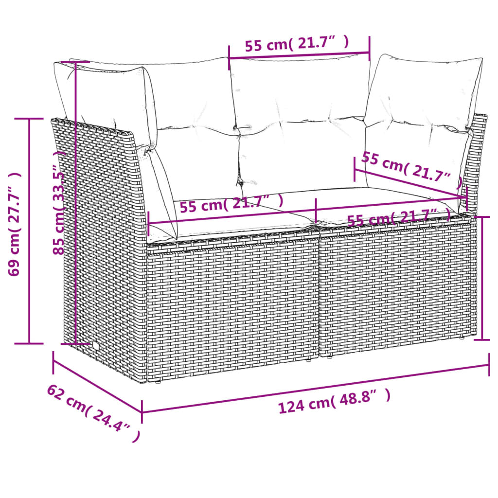 2 személyes fekete polyrattan kerti kanapé párnával