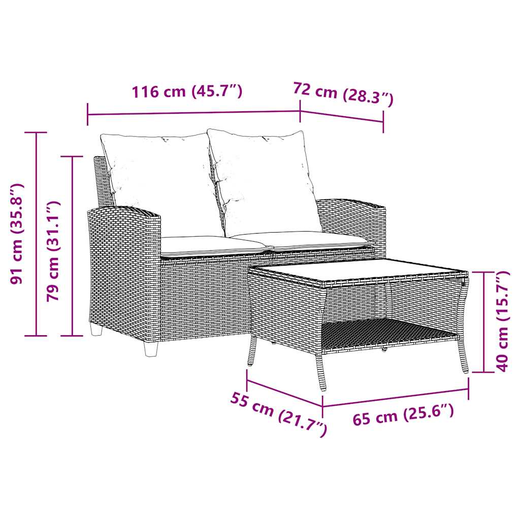 2 személyes fekete polyrattan kerti kanapé asztallal&párnával