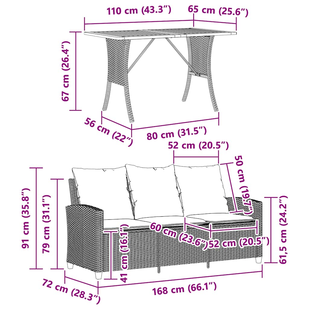 3 személyes fekete polyrattan kerti kanapé asztallal&párnával