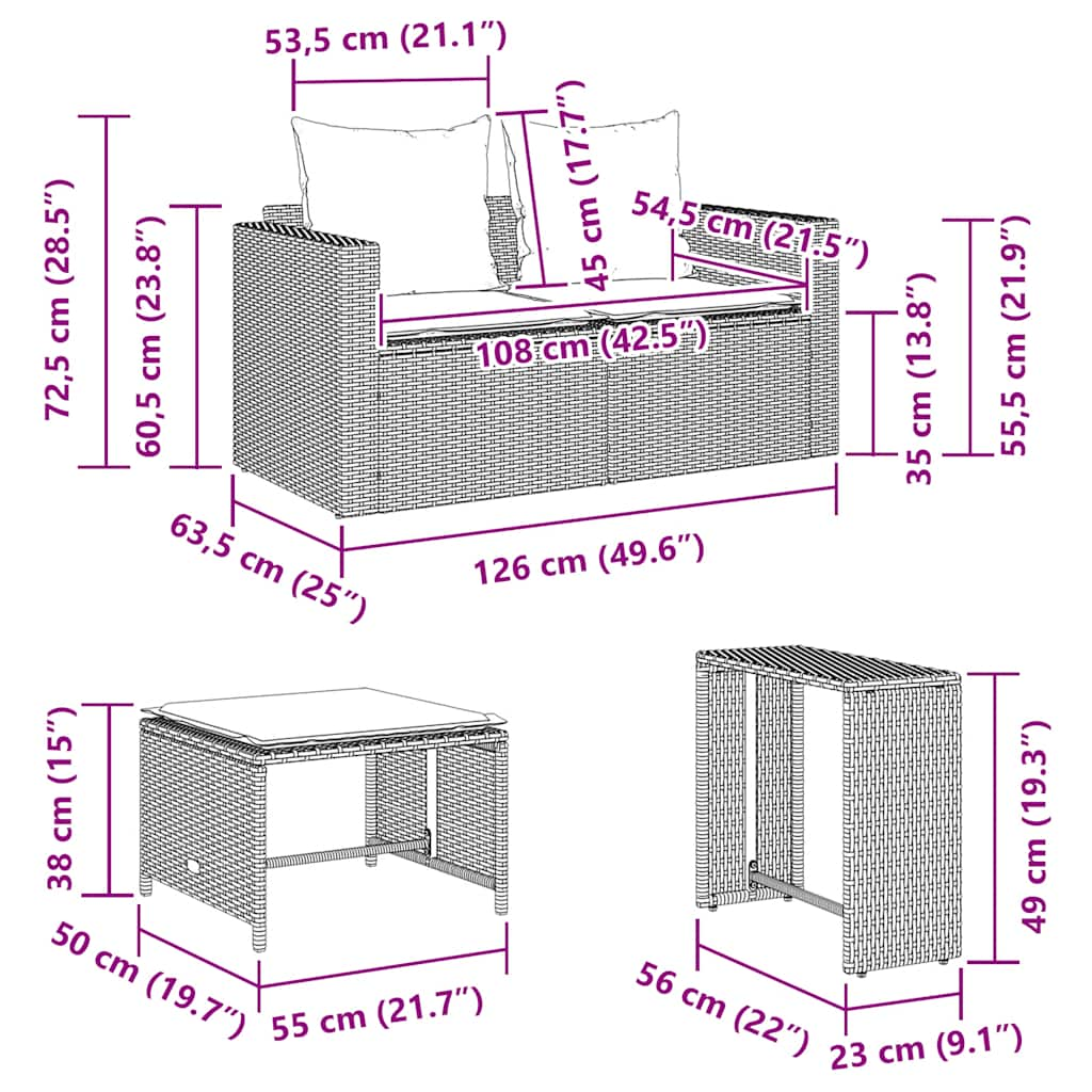 5 részes polyrattan kerti kanapé garnitúra párnákkal stackable