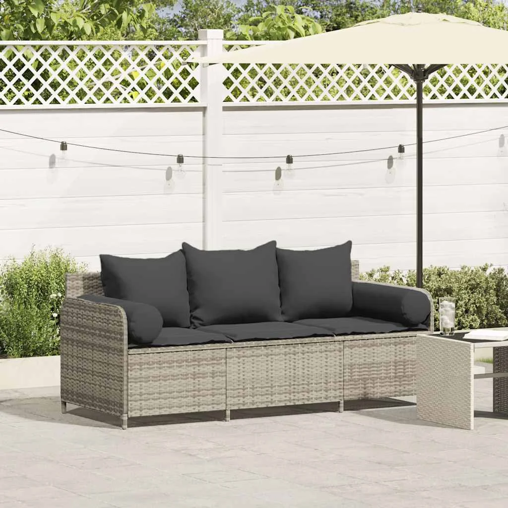 3 személyes világosszürke polyrattan kerti kanapé párnával