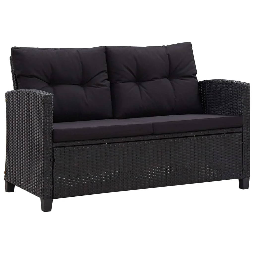 Fekete polyrattan kétszemélyes kerti kanapé párnákkal 124 cm