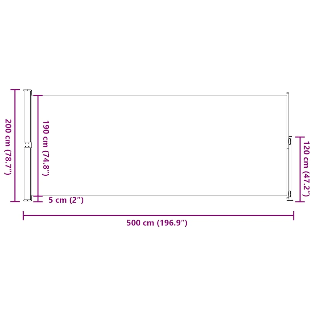 Szürke behúzható oldalsó terasznapellenző 200 x 500 cm