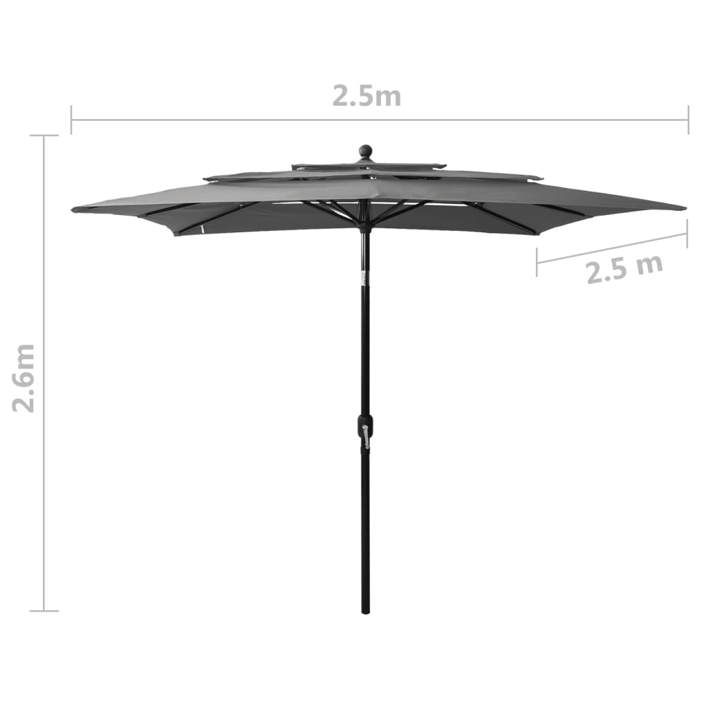 3 szintes antracitszürke napernyő alumíniumrúddal 2,5 x 2,5 m