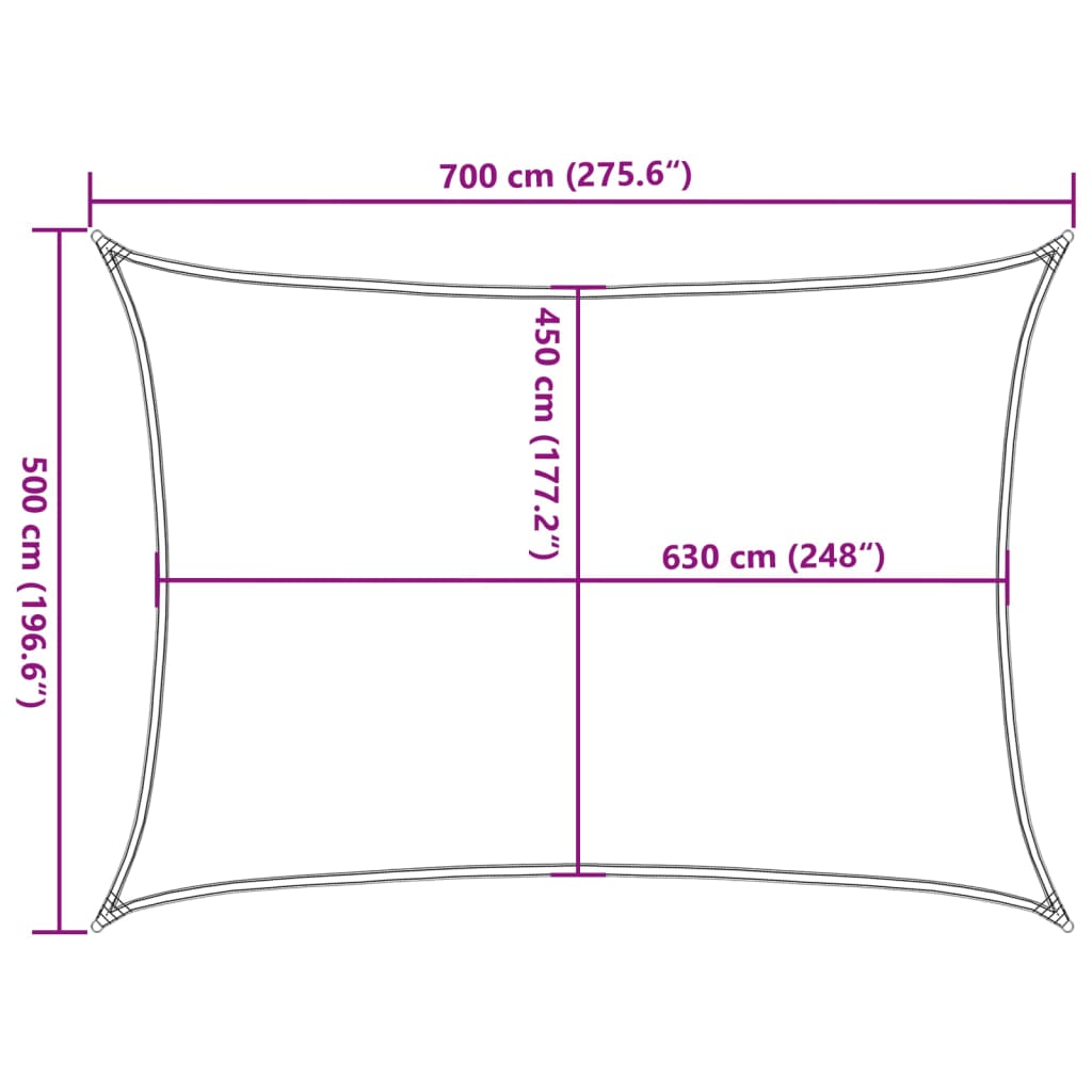 Világosszürke négyszögletű HDPE napvitorla 160 g/m² 5x7 m