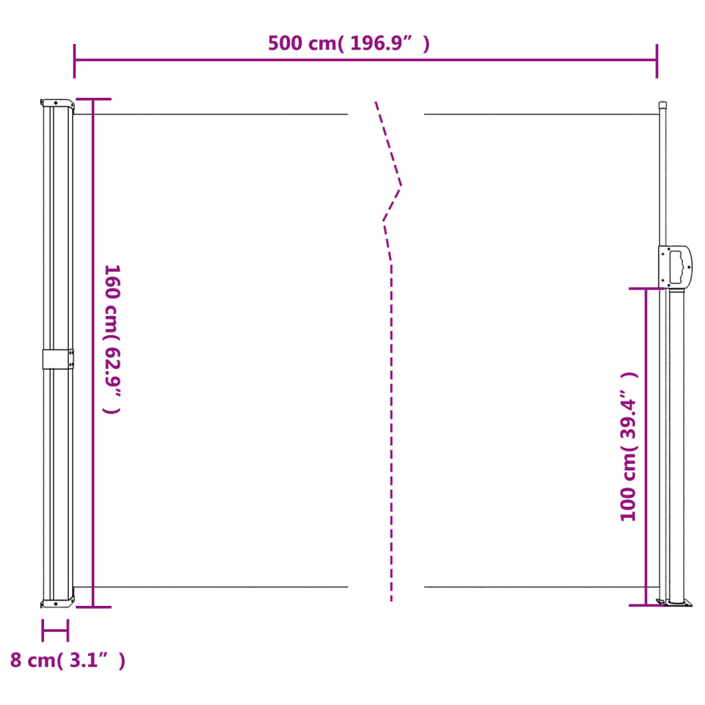 Fekete behúzható oldalsó napellenző 160 x 500 cm