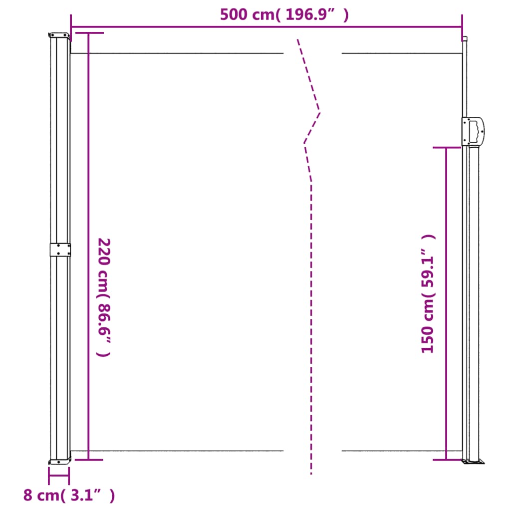 Fekete behúzható oldalsó napellenző 220 x 500 cm