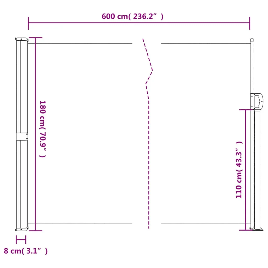 Barna behúzható oldalsó napellenző 180 x 600 cm