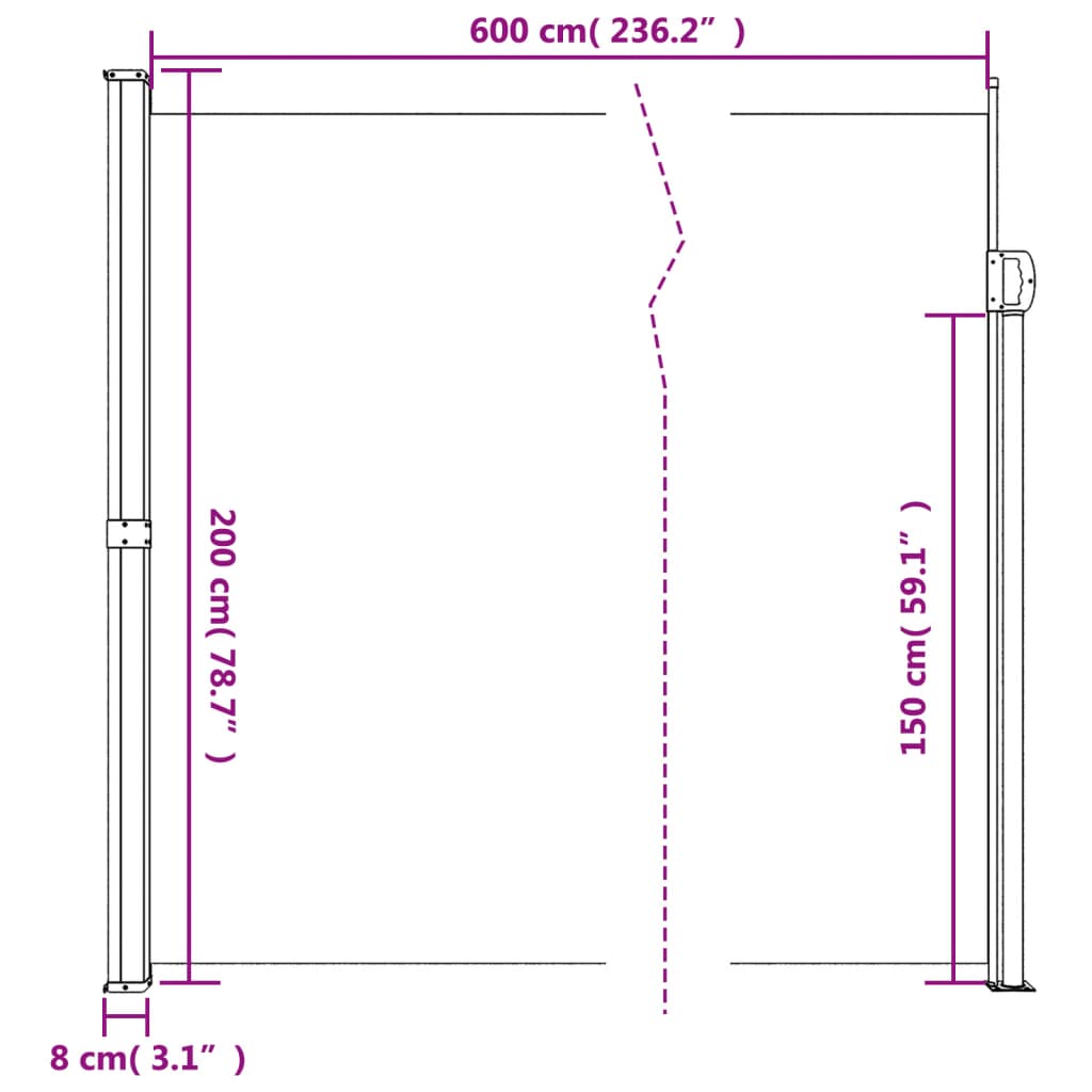 Kék behúzható oldalsó napellenző 200 x 600 cm