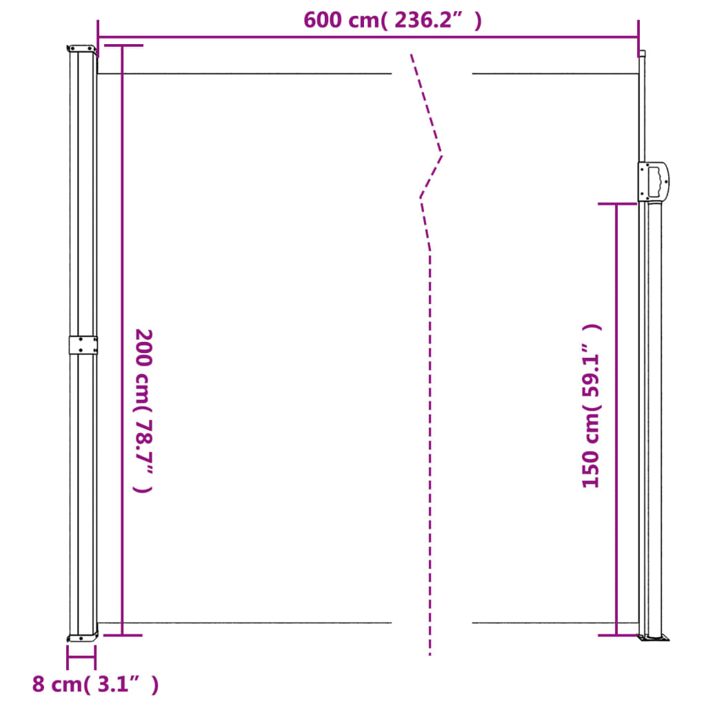 Terrakotta behúzható oldalsó napellenző 200 x 600 cm