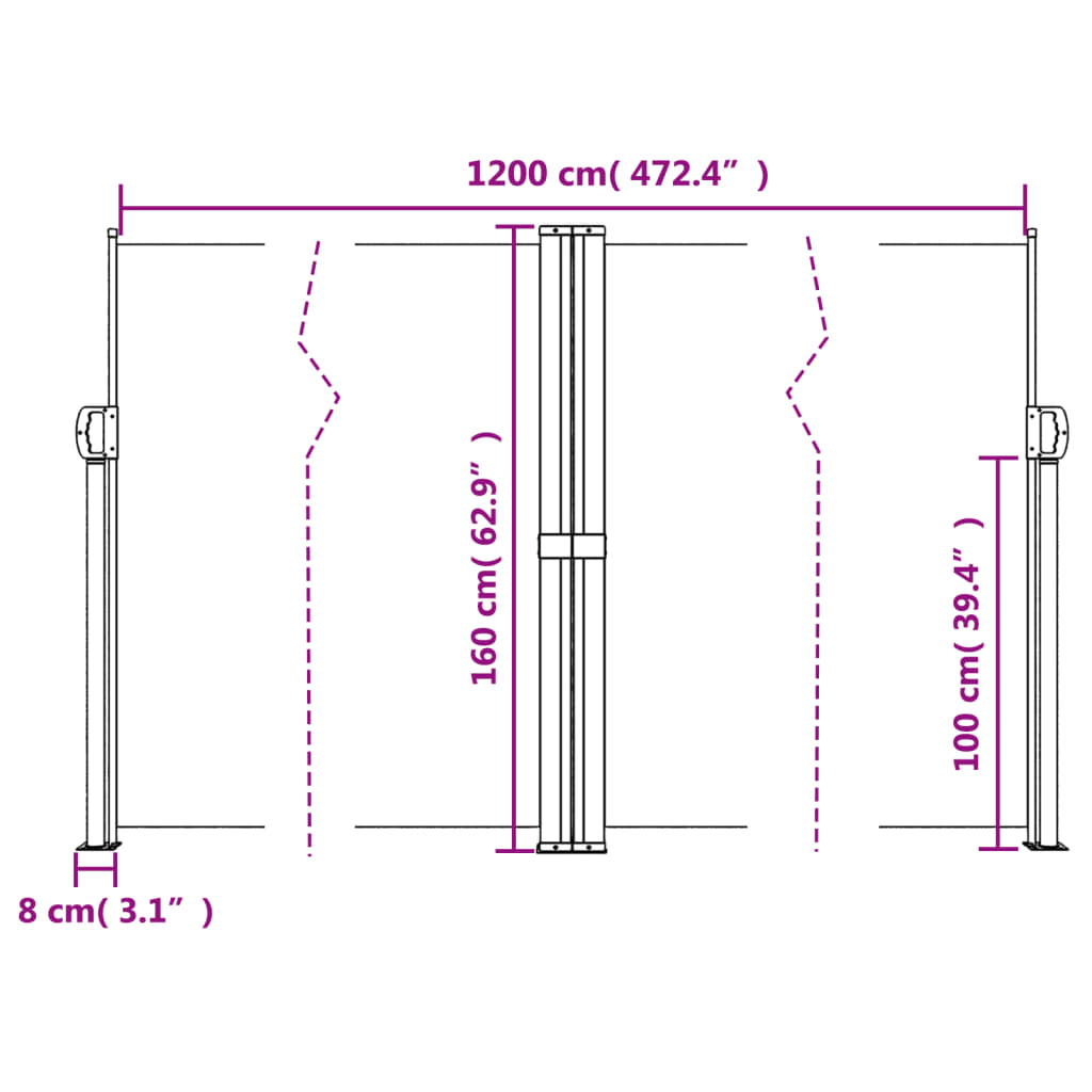 Fekete behúzható oldalsó napellenző 160 x 1200 cm