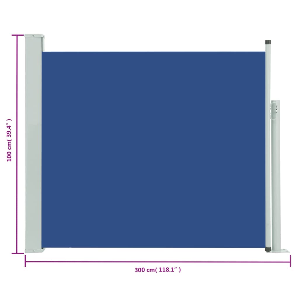 Kék behúzható oldalsó teraszi napellenző 100 x 300 cm