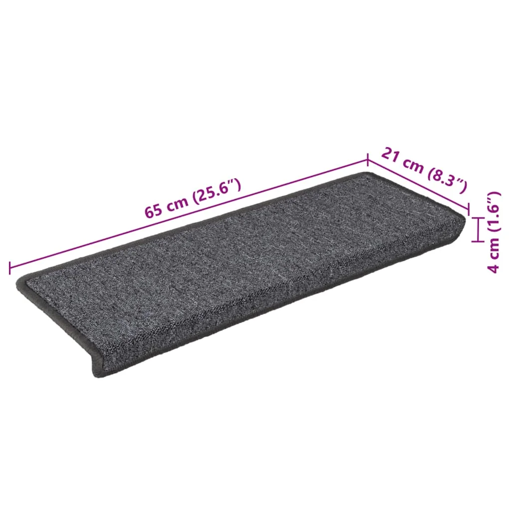 15 db sötétszürke lépcsőszőnyeg, téglalap alakú széllel, 65 x 21 x 4 cm