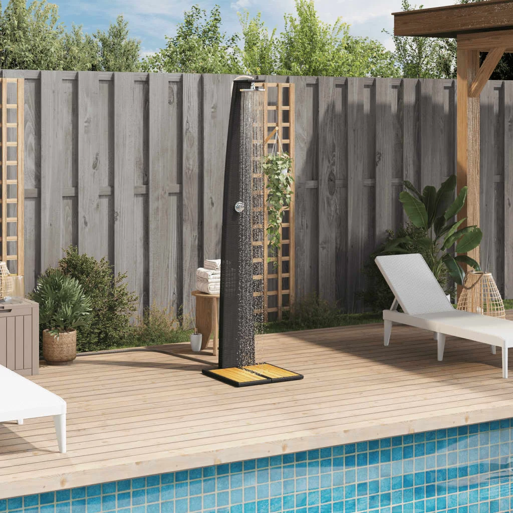 Fekete polyrattan és akácfa kültéri zuhanyzó 55 x 60 x 224 cm