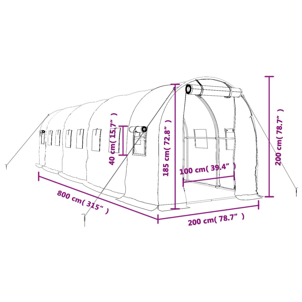 Zöld acélvázas melegház 16 m² 8 x 2 x 2 m