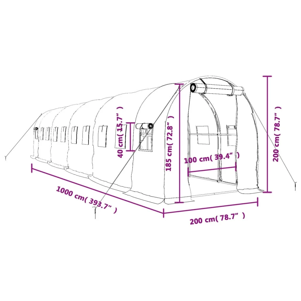 Zöld acélvázas melegház 20 m² 10 x 2 x 2 m